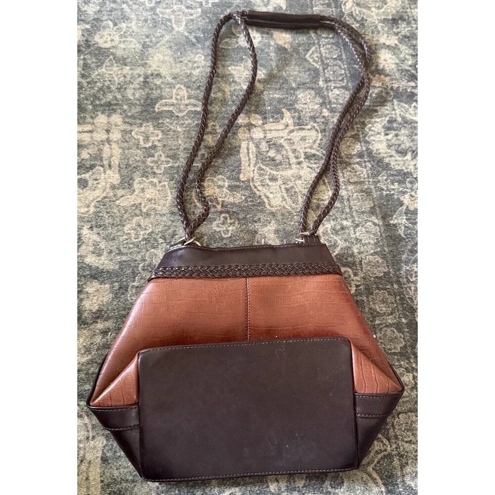 Vintage Western boho Two Tone Brown Faux Leather Should Bag Braided Strap Purse